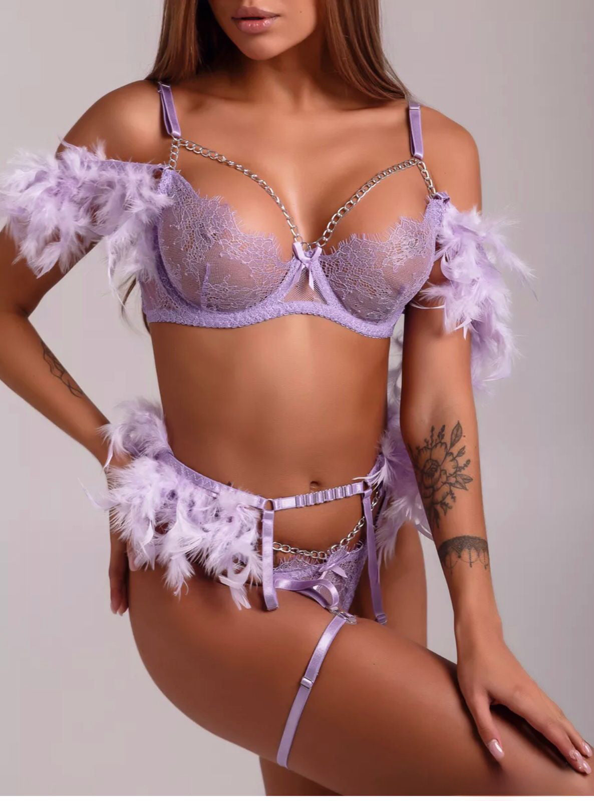 Luxe Plume Lingerie Set- Black