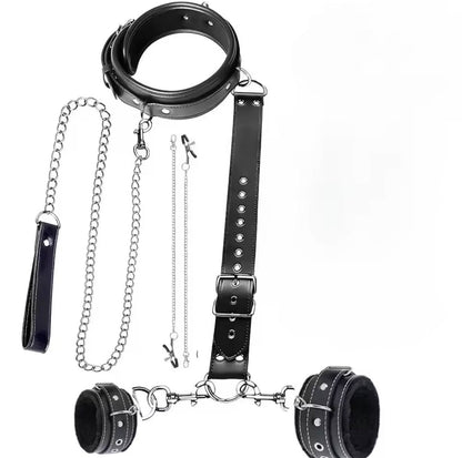 Submission Collar Harness with Cuffs & Nipple Clips